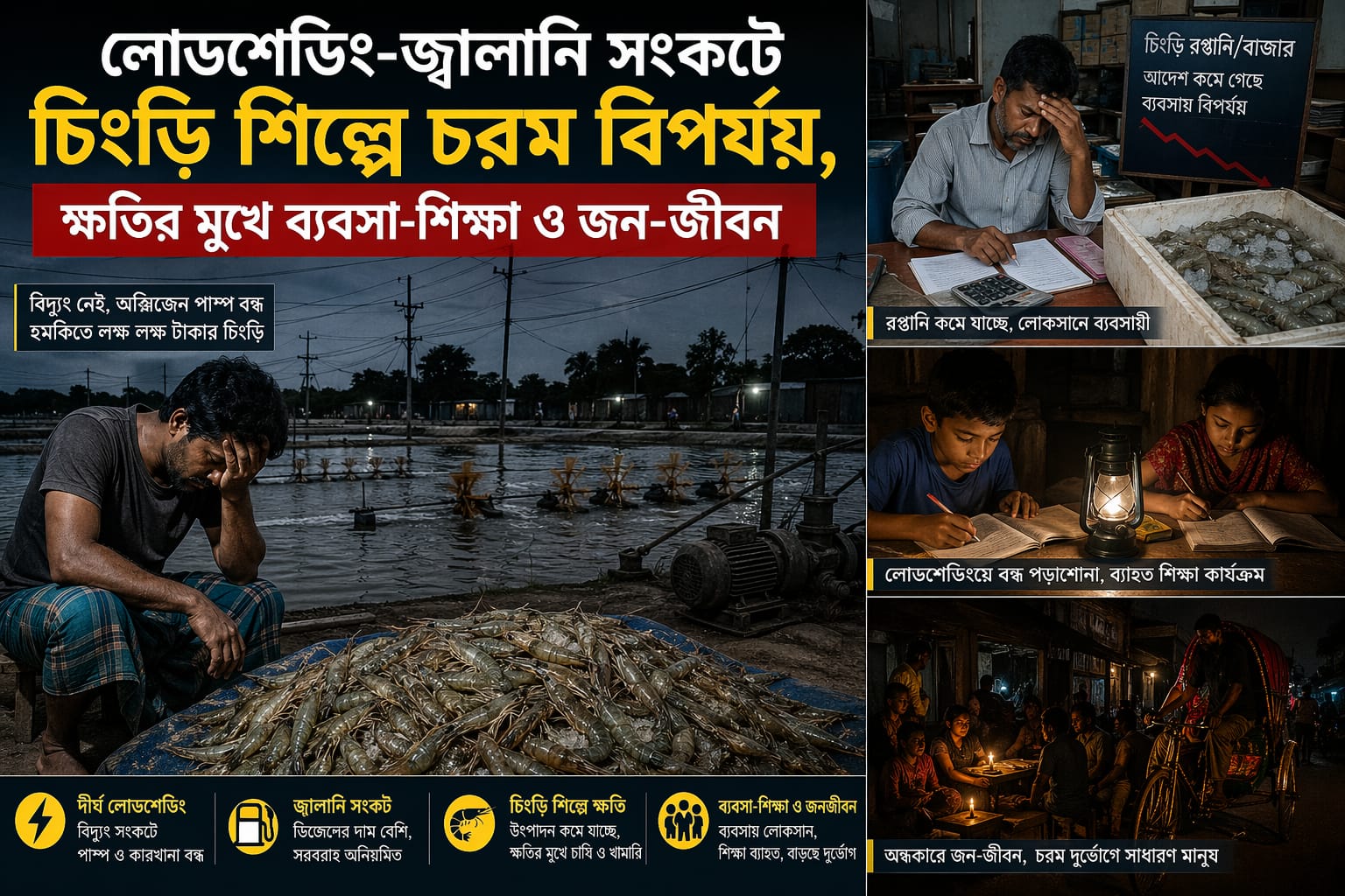 লোডশেডিং-জ্বালানি সংকটে চিংড়ি শিল্পে চরম বিপর্যয়,ক্ষতির মুখে ব্যবসা-শিক্ষা ও জনজীবন